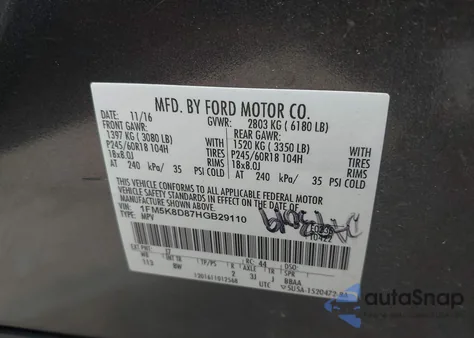 2017 Ford Explorer Xlt из США, поврежденный, VIN 1FM5K8D87HGB29110